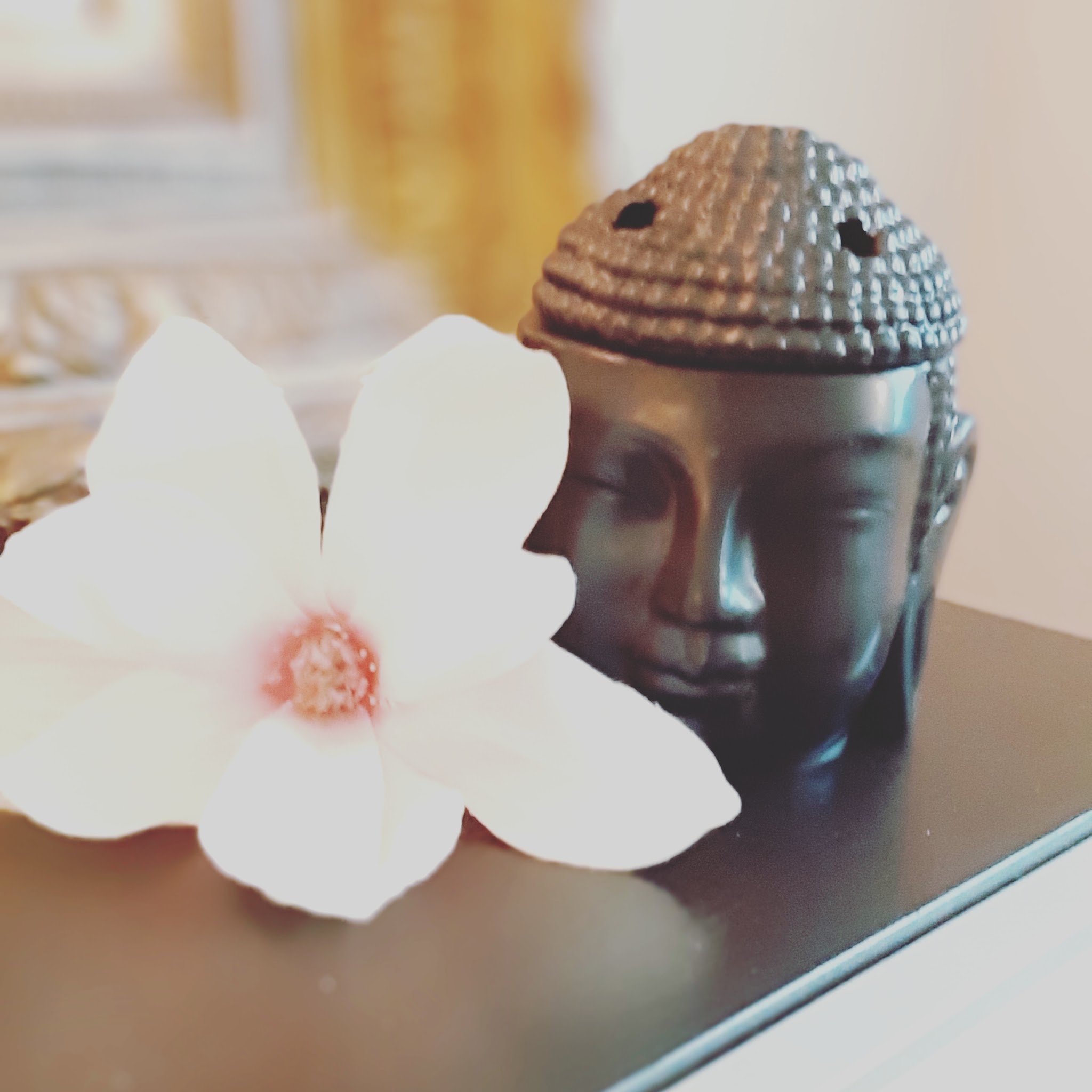 Een witte bloem voor een donker Boeddhahoofd